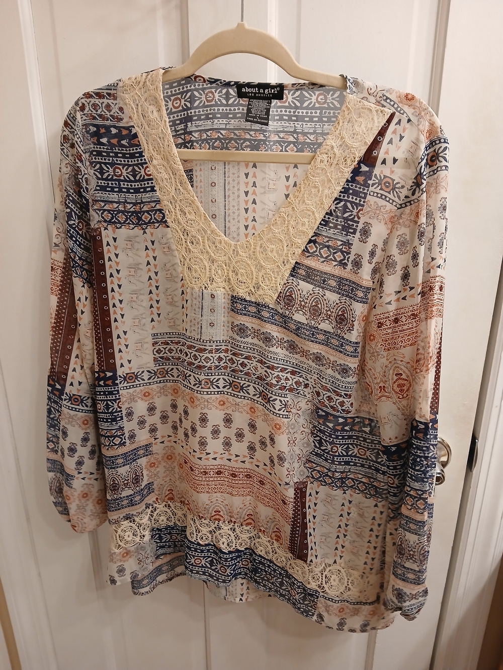 About a Girl Cream Boho Lace-Trim V-Neck Women's Top